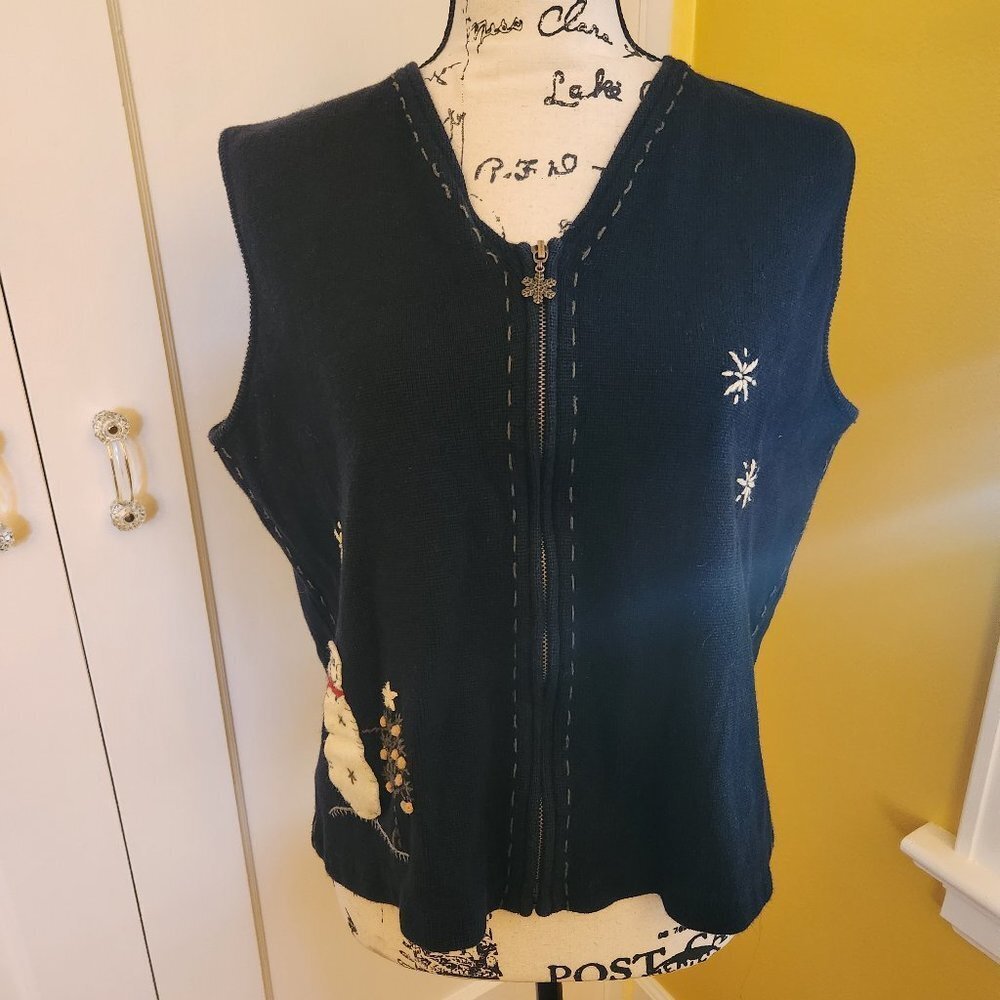 WOOLRICH Women’s Holiday Black Vest with Snowman Sz L